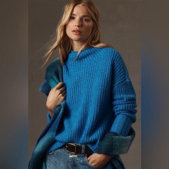NWT Anthropologie Maeve Blue Margaret Mock Neck Chunky Oversized Sweater L - Picture 1 of 9